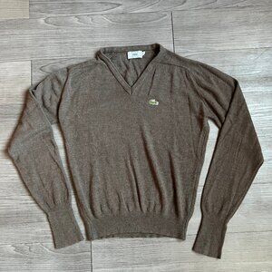 Vintage 70s Lacoste Izod Brown V Neck Sweater Long Sleeve Acrylic Size M